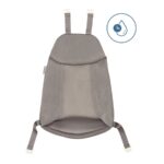 Gray mesh-backed child carrier backpack with padded back, adjustable shoulder and waist straps, shown from the front.