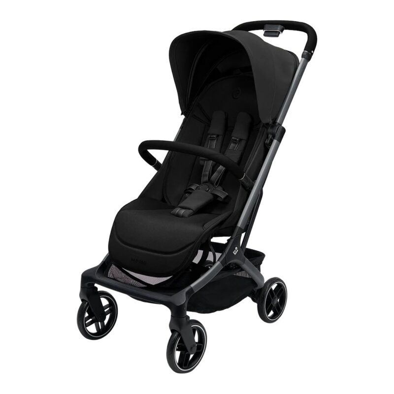 Black baby stroller with a padded seat, 5-point harness, and a sun canopy on a four-wheel chassis.