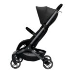 Black lightweight baby stroller with a sun canopy, padded seat, and mesh storage basket underneath.