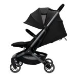 Black baby stroller with a reclinable seat, large canopy, and mesh storage basket beneath the seat.
