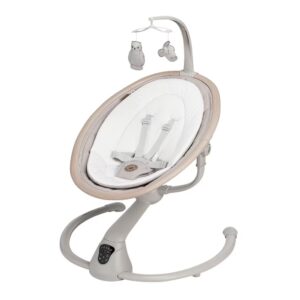Baby swing chair on a gray stand with white padded seat and hanging toys on top.