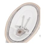 Infant car seat with light wood shell, white padded interior, and five-point harness.