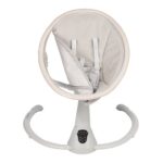 White infant swing chair with a padded circular seat and safety harness mounted on a white stand with a control panel at the base