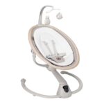 Infant swing chair on a curved stand with a circular beige frame and hanging toy mobile above the seat