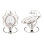 Two infant rockers with white frames and beige padding, each with a mobile bar of plush animals overhead.