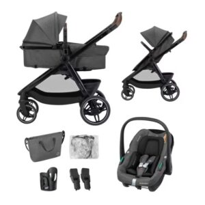 Black baby travel system: stroller with bassinet and foldable seat, infant car seat with base, adapters, and accessories (bag, straps).