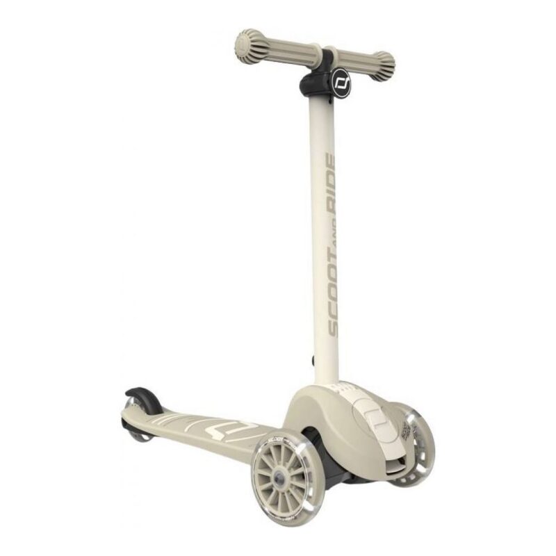 Beige three-wheel kick scooter with a tall stem and wide deck, standing upright.