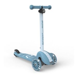 Blue three-wheeled kids' scooter with a long vertical stem, handlebars, and a labeled deck reading 'SCOOT AND RIDE'