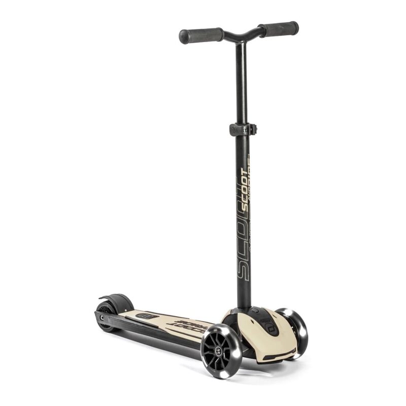 Three-wheeled kick scooter with a beige deck and black handlebars, standing upright.