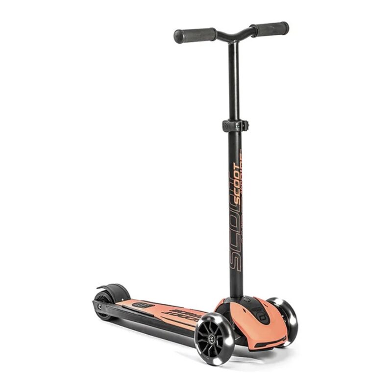 Black and orange three-wheel kick scooter with a vertical handlebar and two front wheels, shown on a white background.