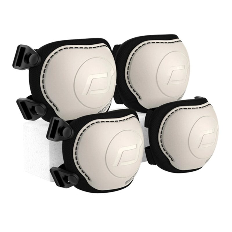 Set of four white protective knee pads with black straps and buckles, arranged in a cluster