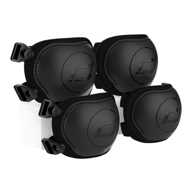 Set of four black round protective pads with adjustable straps for sports protection.