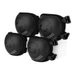 Set of four black circular protective pads with adjustable straps arranged on a white block (Scoot and Ride brand visible)