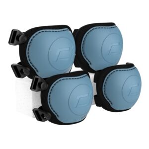 Four blue protective knee pads with black straps mounted on a white board or surface.