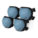Set of blue protective knee and elbow pads with black straps for scooter or bike riding (protective gear).