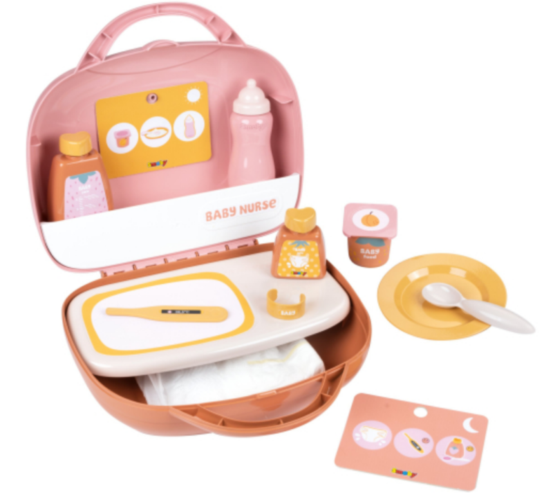 Open pink baby nurse playset with bottles, plate, spoon, and care card in a matching case.