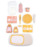 Pretend play baby feeding set with a diaper, pink bottle, baby food jar, yellow plate and spoon, meal cards, and a beige tray on white background.