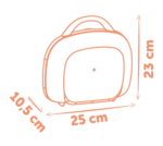 Line drawing of a backpack with dimension labels: 25 cm wide, 23 cm tall, and 10.5 cm deep in orange.