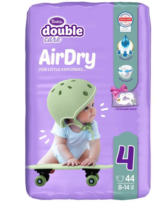 Package of Violeta Double Care AirDry baby diapers, size 4 (8–14 kg), purple with a baby on a skateboard wearing a green helmet.