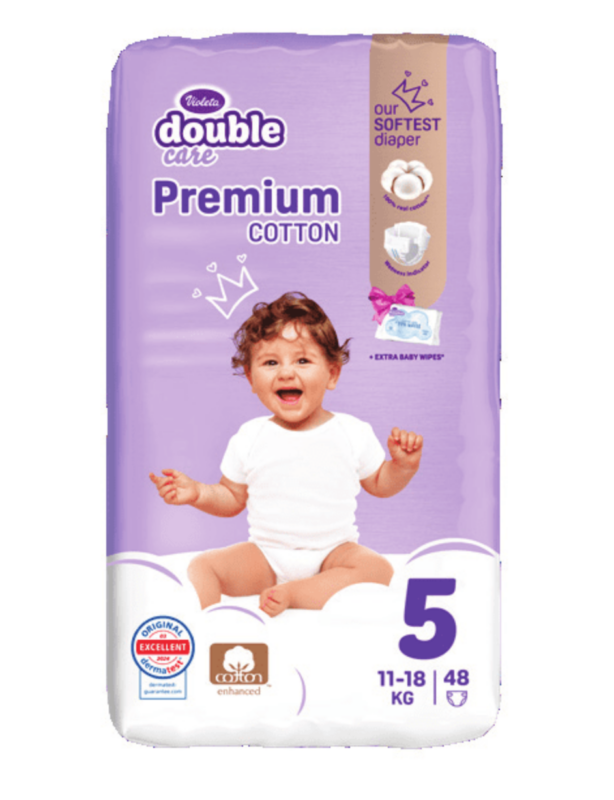 Purple pack of premium cotton baby diapers, size 5 (11–18 kg), featuring a smiling baby on the front.