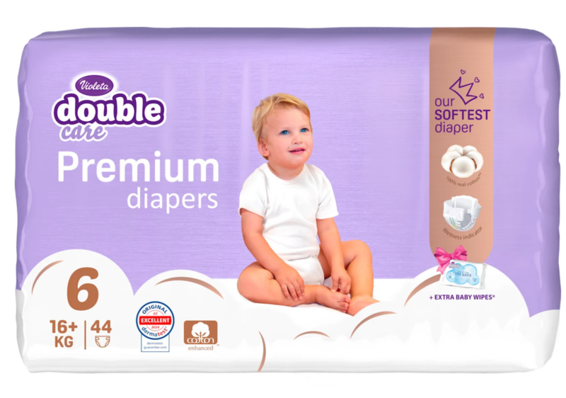 Purple packaging for Violeta Double Care Premium diapers, size 6 (16+ kg), with a baby photo on the front and the text 'Premium diapers'