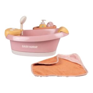 Pink toy baby bath tub with yellow faucet and soap bottle, plus an orange towel for pretend play.