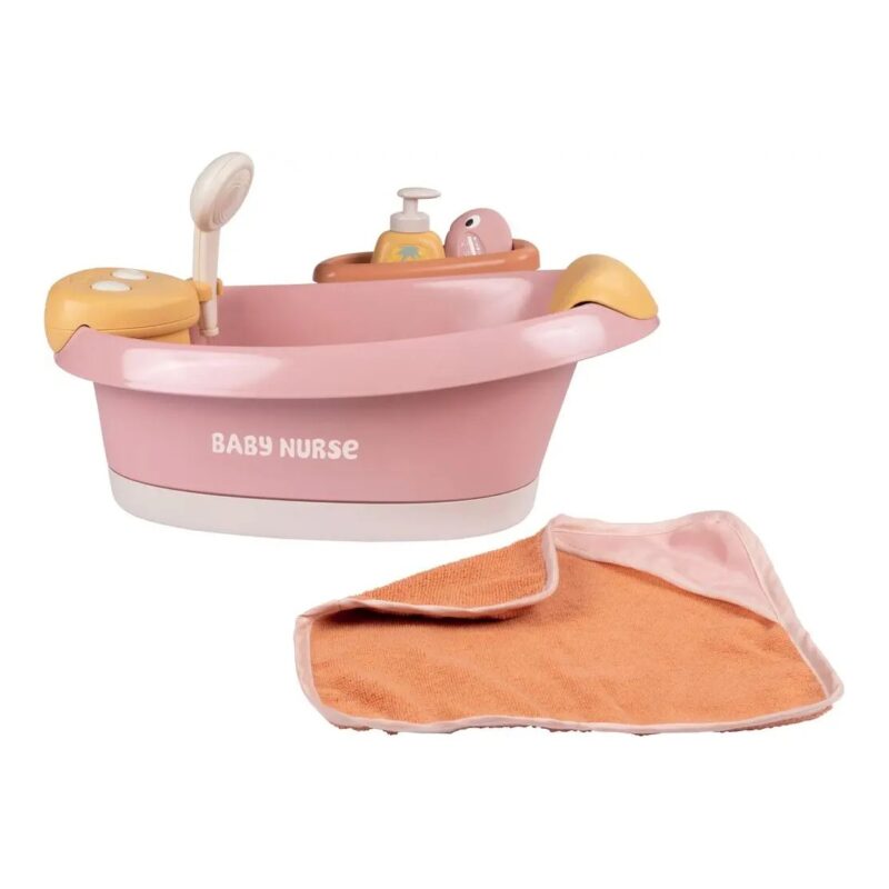Pink toy baby bath tub with yellow faucet and soap bottle, plus an orange towel for pretend play.