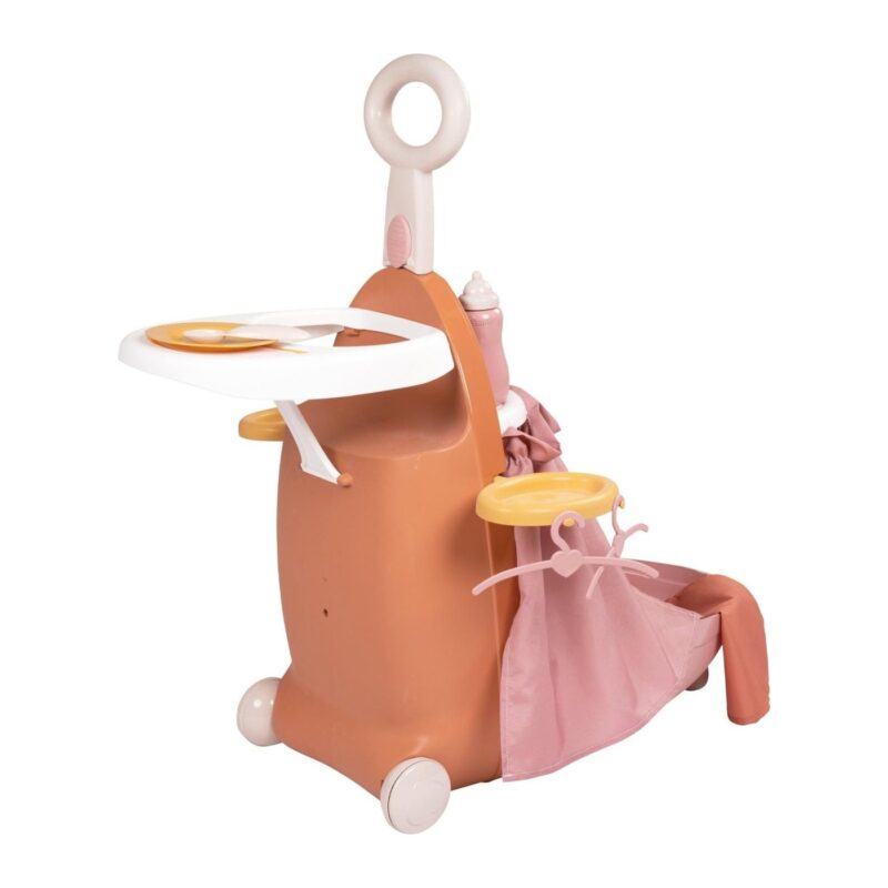 Plastic baby walker toy with wheels, pink fabric seat, yellow rings, and an attached feeding tray for pretend play.