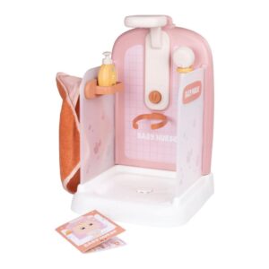 Pink toy baby nurse station for pretend play with a bottle, cards, and chart grid accessories in pastel pink and white.
