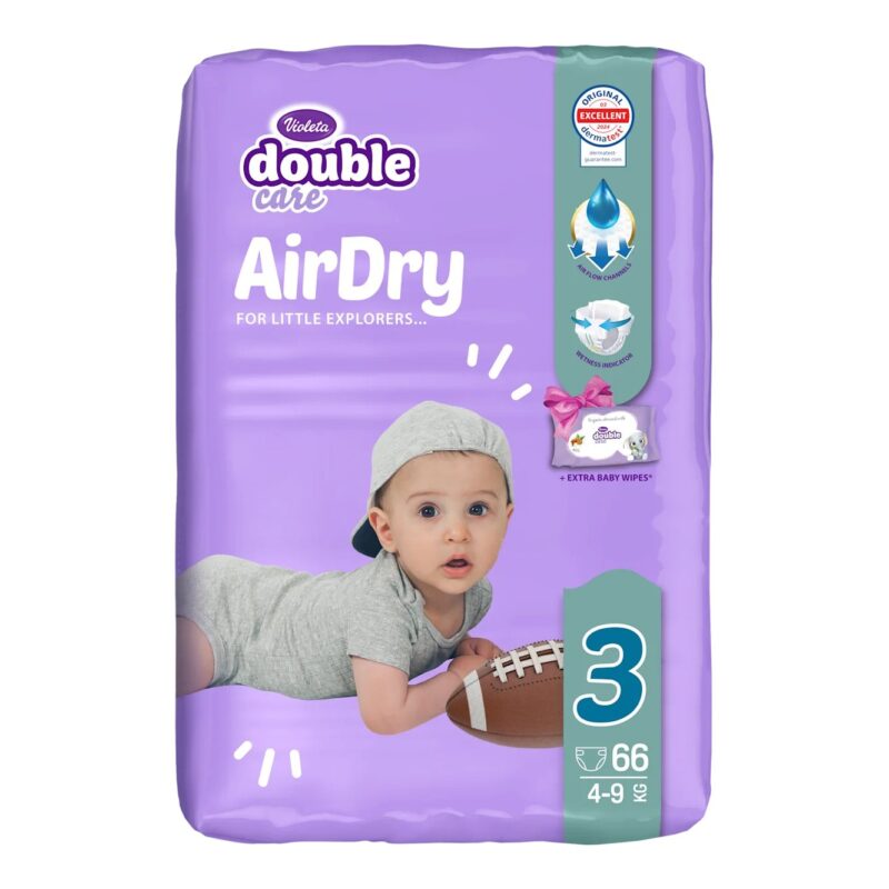 Purple package of Violeta Double Care AirDry baby diapers, size 3 (4–9 kg), 66 diapers, featuring a crawling baby and ‘AirDry’ branding.