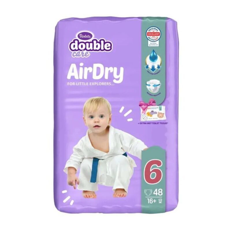 Purple diaper package labeled 'AirDry' for little explorers; size 6, 48 diapers, suitable for 16+ kg. A crawling baby is pictured on the front.
