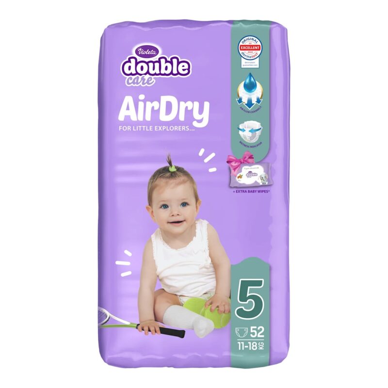 Purple Double Care AirDry diaper package for babies, size 5, 52 diapers (11–18 kg), featuring a smiling baby on a purple background.