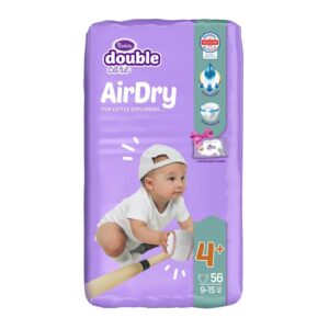 Purple diaper package labeled 'AirDry for Little Explorers' size 4+, 56 diapers, for 9–15 kg, features a baby in a cap holding a baseball bat.