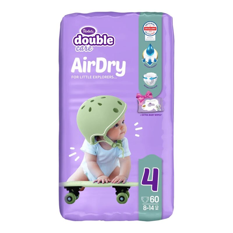 Purple package of AirDry baby diapers for little explorers, size 4 (8–14 kg), 60 diapers, featuring a baby on a skateboard with a green helmet on the front.