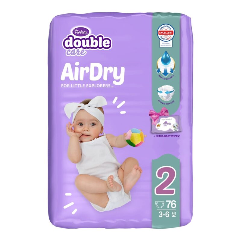 Purple package of Double Care AirDry baby diapers, size 2 (3–6 kg), 76 diapers, features a baby image on front.