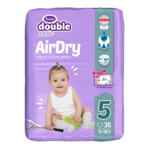 Purple pack of Violeta Double Care AirDry baby diapers, size 5 (11–18 kg), 36 diapers, lavender background with a smiling baby image.