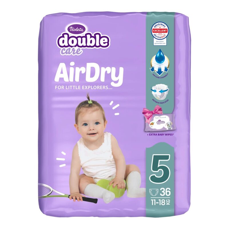 Purple pack of Violeta Double Care AirDry baby diapers, size 5 (11–18 kg), 36 diapers, lavender background with a smiling baby image.