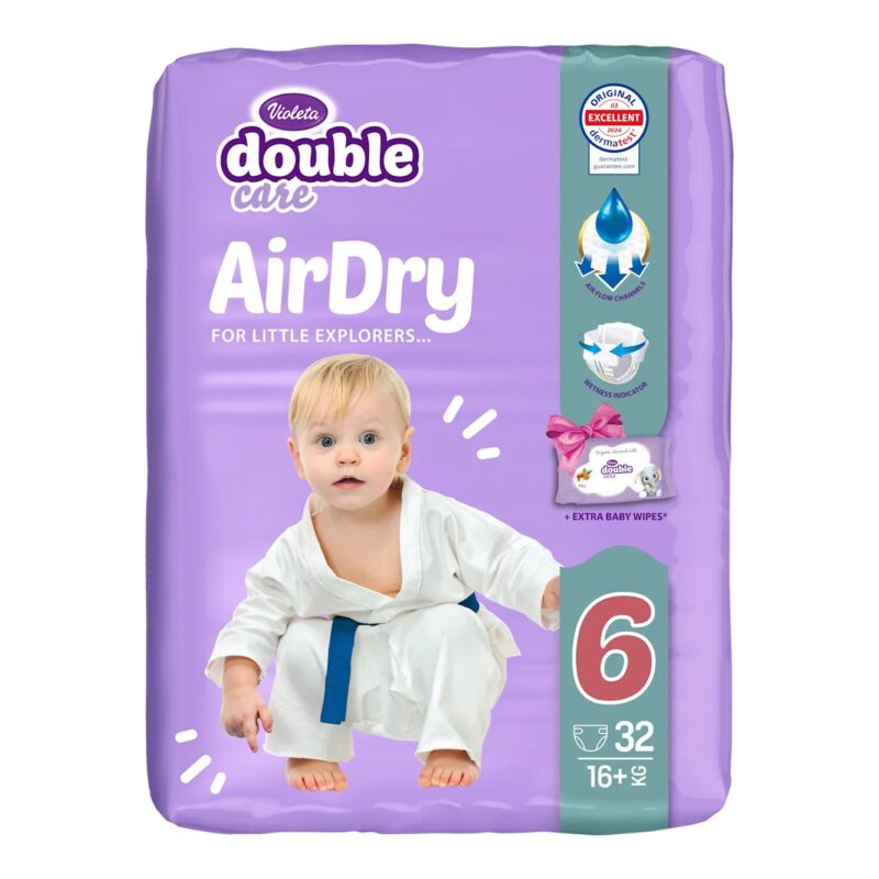 Purple diaper pack featuring 'AirDry for Little Explorers' with a crawling baby; size 6, 32 diapers, suitable for 16+ kg.