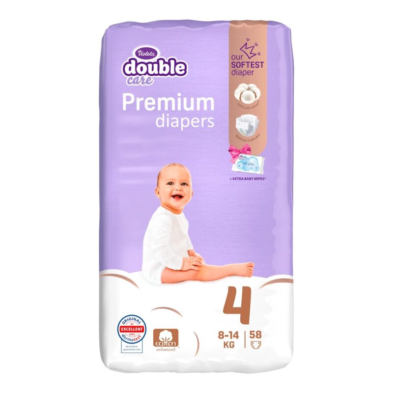 Purple package of Violetta Double Care Premium Diapers for babies, size 4, 8-14 kg, with baby image on front.