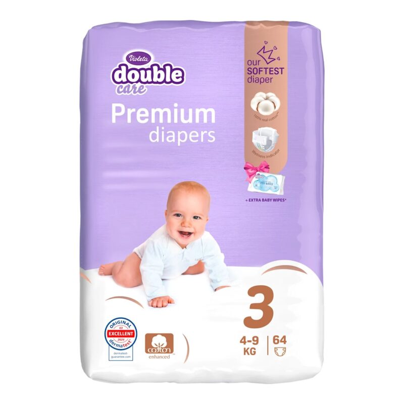 Premium diapers for babies, size 3, 4–9 kg, purple packaging with a smiling baby on white background.