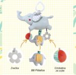 Soft gray elephant plush with a ring, plus three detachable parts: a flower rattle, an elephant squeaker, and a striped teether ball.