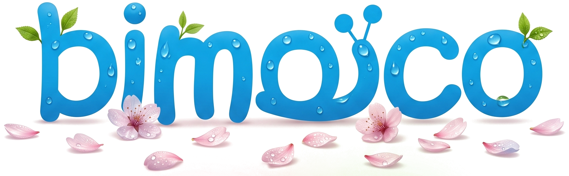Glossy blue word logo with water droplets, green leaves, and pink flower petals around it.