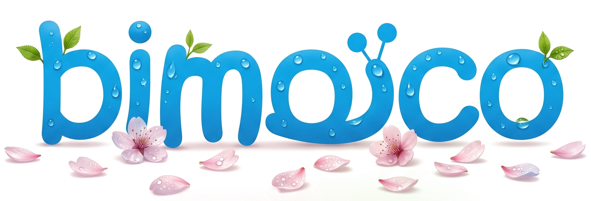 Blue glossy wordmark with water droplets and pink flower petals, forming a nature-themed logo phrase.