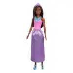 Doll with long brown hair wearing pink top, lavender skirt, blue necklace, purple tiara, and blue sandals.