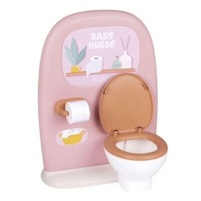 Pink plastic toy bathroom panel with a toilet and tissue roll, labeled 'BABY NURSE'—a children's pretend play set option for role play.