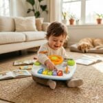 Toddler sits on a beige rug, pressing colorful buttons on a plastic learning laptop in a sunlit living room.