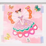 Pink poster showing a girl with butterfly wings wearing a frilly pink dress, floating among clouds with butterflies around.