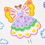 Childlike drawing of a girl with butterfly wings, wearing a purple dress, flying among colorful clouds.