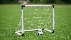 Small portable soccer goal on a green field with a black-and-white ball resting in front of it.