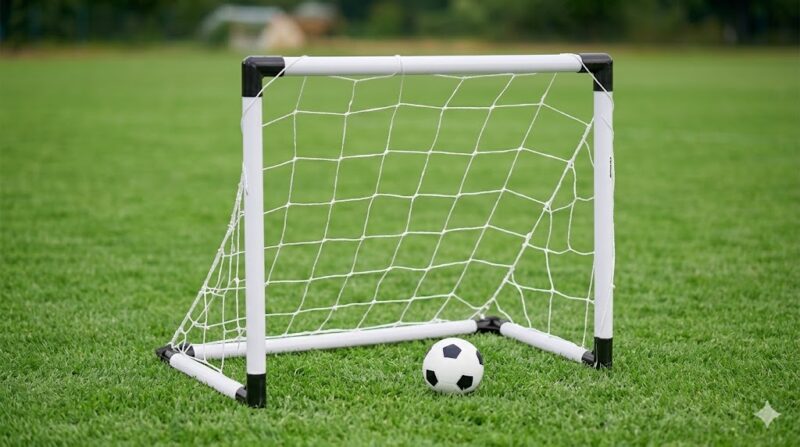 Small portable soccer goal on a green field with a black-and-white ball resting in front of it.